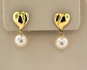 7MM Cultured Pearls 14k Yellow Gold Heart Dangle Earrings - Picture 1 of 9