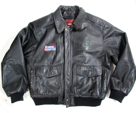 Vtg 2000 NBA Playoffs Bucks Embroidered Leather bomber Jacket Reed Sz M Men's Cover