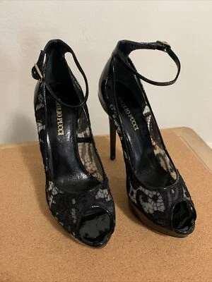 EMILIO PUCCI Black Patent Leather Shoes stilettos Open Toe Ankle Strap Lace 38 - Image 1 of 4