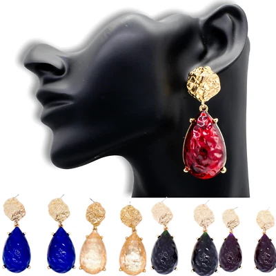 Drop Dangle Gemstone Earrings Gold Beat Statement Pear Style Large Stud Colours - Image 1 of 4