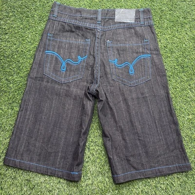 Vintage Y2K Smoke Rise Shorts Mens 34 Black Denim Embroidered Cyber Wide Leg - Image 1 of 4