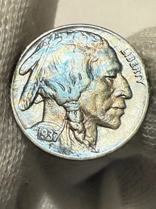 1937 D Buffalo Nickel, Beautiful Rainbow Color, Choice Gem AU+ Toned - Picture 1 of 2
