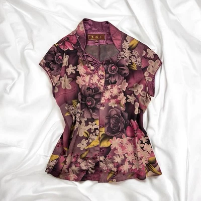 Blusa Kimono Floral Satén Top Asiático Inspo Hada Romántica Flores Elegante Talla S Foto 1 de 4