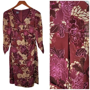 Muse Silk Chiffon Dress Size 4 Sheath Sequin Knee Length Evening Red Floral Vtg - Picture 1 of 10