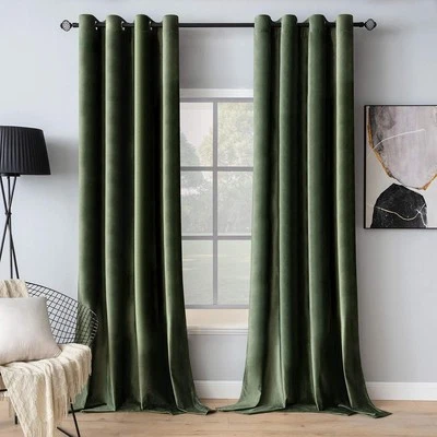 Velvet Curtains Olive Green Elegant Grommet Curtain Thermal Insulated - Image 1 of 4