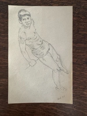 Винтажный 1950-х годов рисунок эскиз карандаш молодой человек в Swinsuit у бассейна 5 x 8 - Изображение 1 из 4