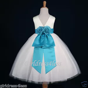 ABITO DA BALLO MATRIMONIO AVORIO/TURCHESE ABITO RAGAZZA FIORI 12M-18M 2 3/4 6/6X 8 10 12 - Foto 1 di 2