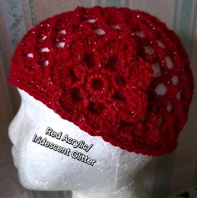 RED ACRYLIC DK/IRIDESCENT LUREX GLITTER CROCHET SKULL CAP HAT 1970s 20s ABBA 🎉 - Image 1 of 4
