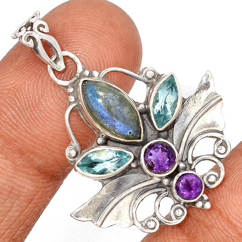 Angel Wing - Natural Labradorite, B.T. & Amethyst  Silver Pendant  CP19982 - Image 1 of 1