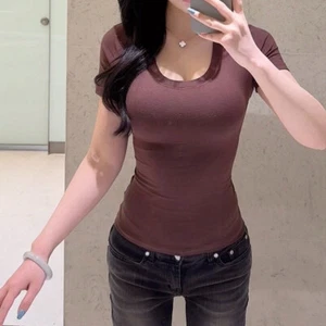 Summer U-neck shoulder short sleeved t-shirt for women, slim fit top for women - Picture 1 of 21