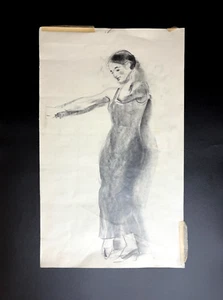 Original 1920s Charcoal of Dancing Elegant Woman in Dress 19"X12" - Picture 1 of 4