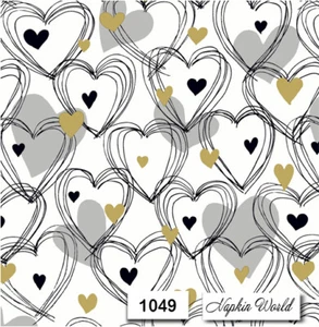 (1049) ZWEI individuelle Papier LUNCHEON Decoupage Servietten VALENTIN HERZEN GOLD BLK - Bild 1 von 3