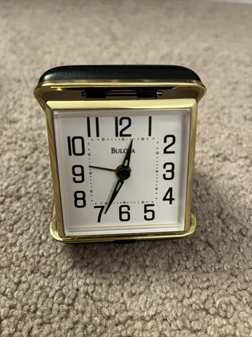 Bulova Key Wind Travel Alarm Clock Black Case With Gold Trim Cover