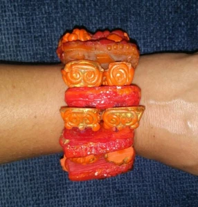 Vintage Huge Massive Modernist Brutalist Orange Plastic Bracelet Designer Signed - Picture 1 of 12