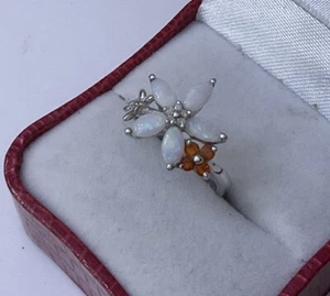 HM QVC 9ct 9k White Gold Opal Marquise Diamond Daisy Cluster Butterfl Ring K 1/2 - Picture 1 of 14