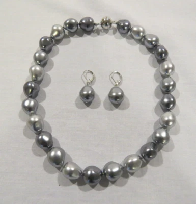 "Juego de collar y pendientes barrocos de perlas de Tahití - plata/gris - 16,5"" de largo usado en excelente estado" Foto 1 de 4