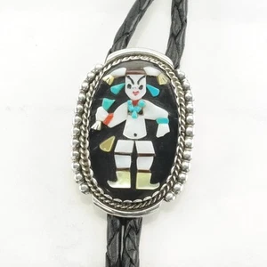 Zuni Calavaza Inlay Bolo Tie Figure Sterling Silver Turquoise Coral Necklace - Picture 1 of 10