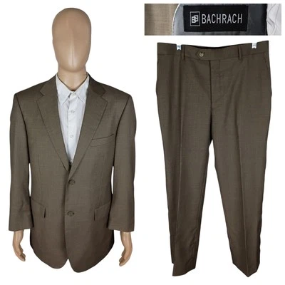 Bachrach 2 Piece 100% Wool Olive Green Sharkskin Suit 41S Flat Front Pants 33X27 - Image 1 of 4