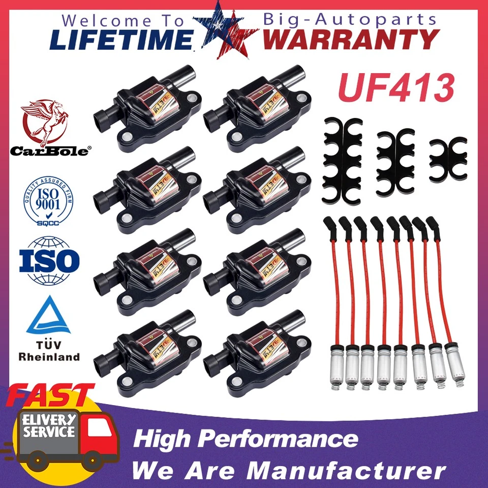8 piezas bobinas de encendido UF413 + kit de cables para Chevy GMC Saab 9-7x 5,3 L 6,2 L 12570616 Foto 1 de 4