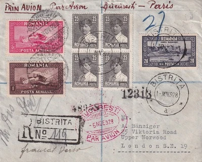 RUMANÍA - 1928 HERMOSA CUBIERTA DE CORREO AÉREO REGISTRADO A LONDRES VÍA PARÍS Foto 1 de 2