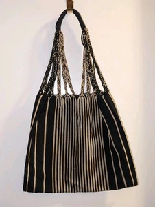 Handwerklich gestreifte schwarz und gold handgewebte Baumwolle Beuteltasche Tasche Made-in-Mexico - Bild 1 von 3