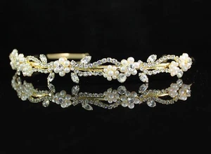 DIADEMA DE PERLAS DE CRISTAL DE ESTRÁS AUSTRIACO TRANSPARENTE TIARA NUPCIAL - DORADA - Imagen 1 de 4