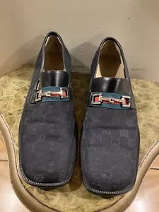 Gucci Loafer Shoes Horsebit Web Green Red Mens Black Vintage UK 9 US 10 43 - Picture 1 of 9
