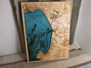 3D Monterey Bay,Santa Cruz Wood Carved Depth Chart with Key Land Sites 9.5x 7.5" - Picture 1 of 7