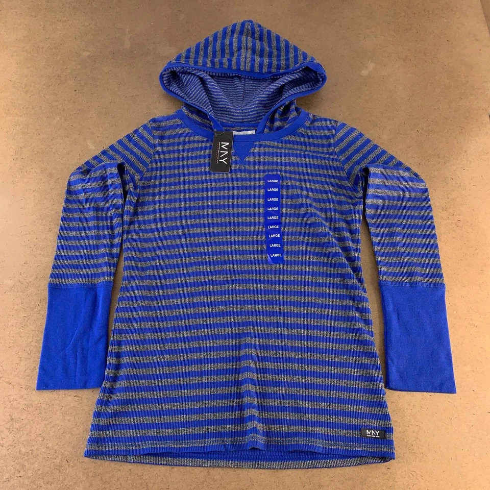 Marc New York Womens Hoodie Sweatshirt Blue Gray Pullover Stripe L New — 第 1/4 张图片