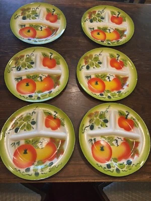 Винтажный набор из 6 расписанных вручную эмалированных разделенных тарелок зеленые апельсиновые фрукты 11 1/4 дюйма - Изображение 1 из 4