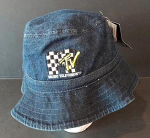 NWT MTV Music Television Denim Bucket Hat Retro Embroidered Checkered Logo S/M - Picture 1 of 3