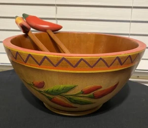 Wooden Bowl w/Spoon & Fork Chili Pepper Design-Hand Painted Made in Thailand - Picture 1 of 17