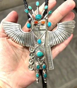 VTG Bennett Ahasteen Navajo Flying Kachina Eagle Dancer Sterling Silver Bolo Tie - Picture 1 of 8