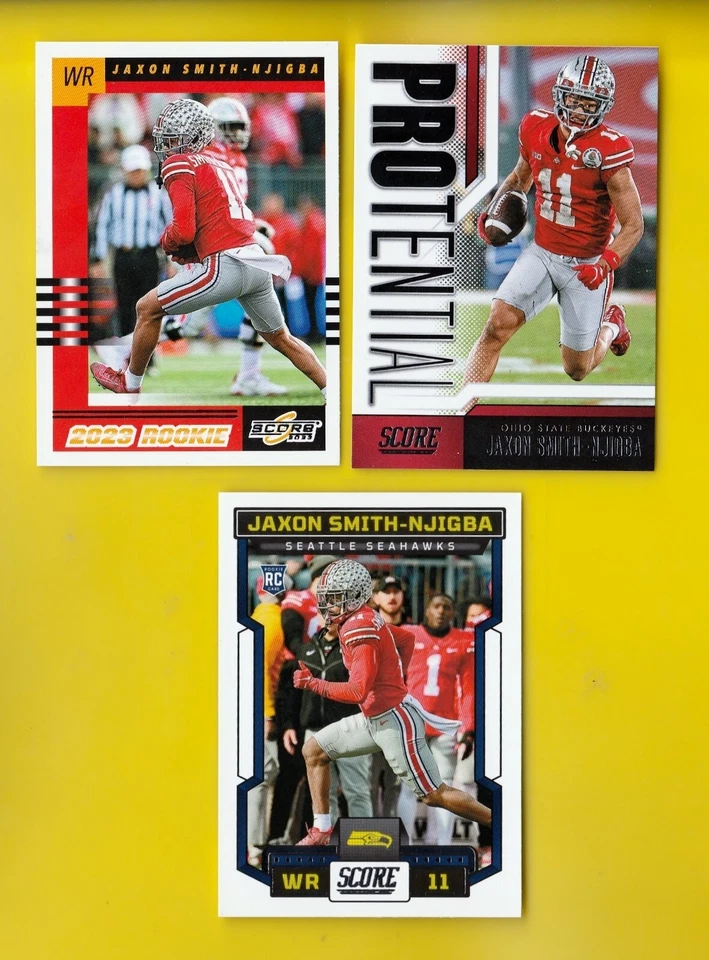 2023 Score 348 Jaxon Smith Njigba RC + 2003 Throwback 8 & Protential 10 3 Cards  - Image 1 of 1