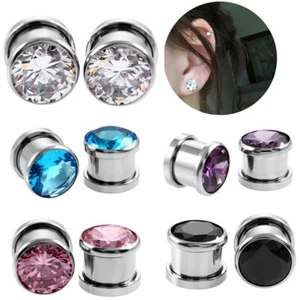 2Pcs Stainless Steel Ear Gauges Plugs Expander Zircon EarTunnel Piercing Jewelry - Picture 1 of 20