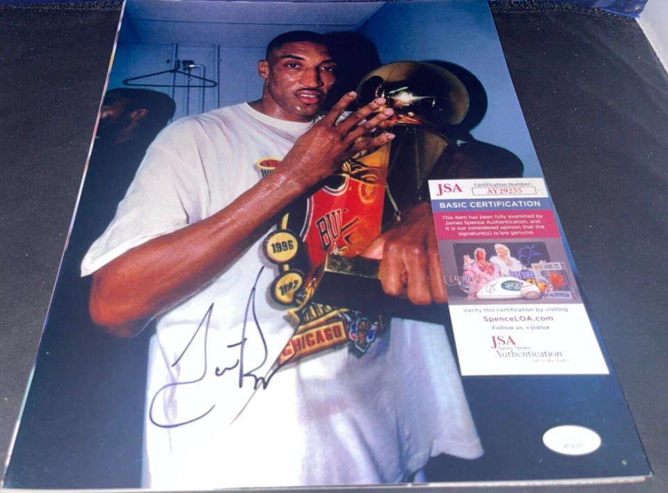 Scottie Pippen Chicago Bulls Trophy Champion Signed Autographed 11x14 Photo JSA - Image 1 of 1