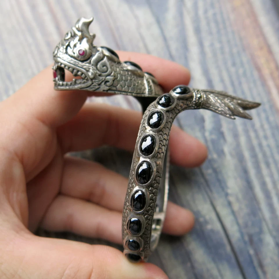 Unique 925 Sterling Silver Dragon Bangle with Black Onyx & Ruby Gemstones - Image 1 of 4