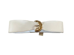 Vintage 80s Women 3" Wide Ivory Oversized Gold Tone Buckle Belt 29" 30" Waist - Picture 1 of 4