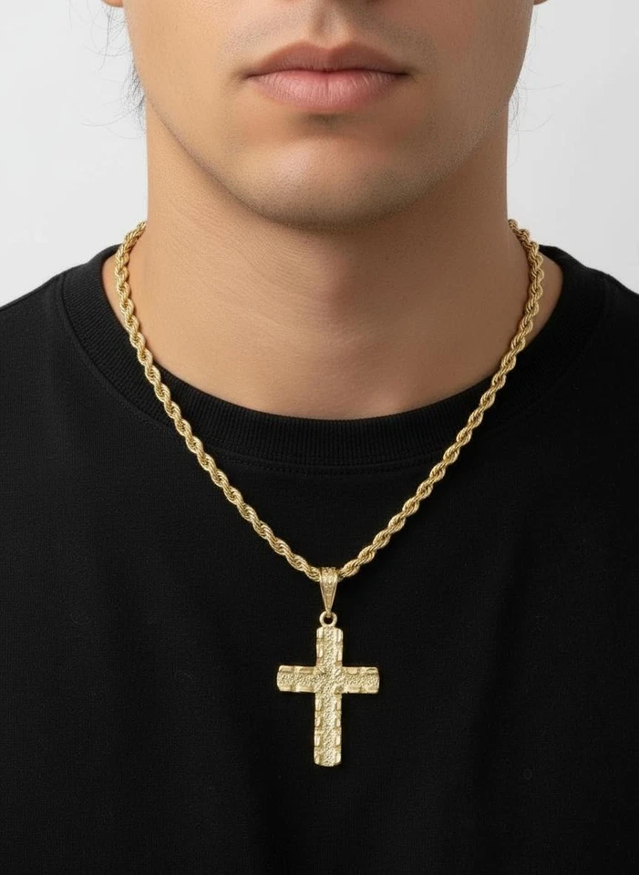 Золотой большой самородок крест подвеска, 14k тяжелое покрытие золото, 5 мм веревки цепи - Изображение 1 из 4