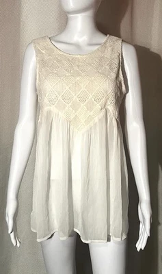 Ecote Ivory Crochet & Sheer Chiffon Sleeveless Top Womens M Fairy Peasant Boho - Image 1 of 4
