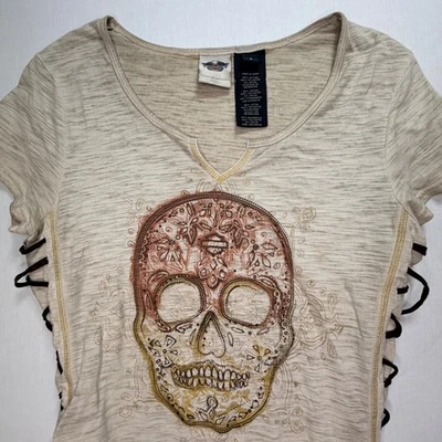 Camisa Harley Davidson Mujer Calavera Con Cordones Laterales Talla S Beige Mezcla Algodón Foto 1 de 4