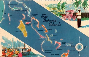 MAP POSTCARD BAHAMA ISLANDS Names, Shapes, Deckled Edge - Picture 1 of 2