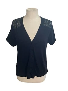 Bandolino Black Crochet Lace Back-Button Up Short Sleeve Top Women’s Size Large - Picture 1 of 7