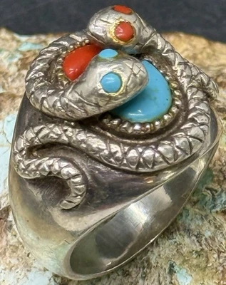 Awesome Zuni Handcrafted Signed Sterling Turquoise Coral 3D Snake Ring Size 11+ - Image 1 of 4