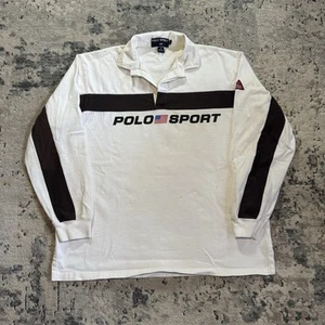 Polo vintage Ralph Lauren sport rugby camicia uomo grande bianca a righe logo USA - Foto 1 di 13
