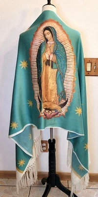 Virgen de Guadalupe Religious Rebozo,  shawl, pashmina, scarf, chal, Green Stars - Image 1 of 4
