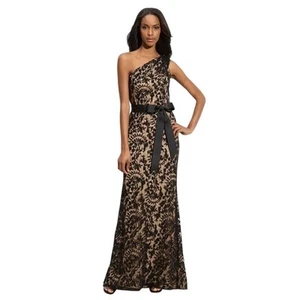 Tadashi Shoji One Shoulder Black Lace Overlay Gown Size 4 - Picture 1 of 15