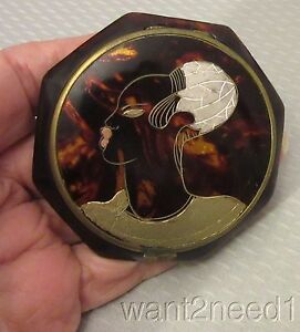 vtg Antonin French Art Deco Handpainted Celluloid Compact Black Afro Flapper
