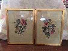 Pair of Vintage Cross Stitch Flowers Framed Sewing Art