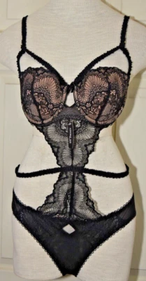 NUEVO CON ETIQUETAS Adore Me Negro Desnudo Encaje Malla Body Lencería de Peluche L Grande Brillante Foto 1 de 4